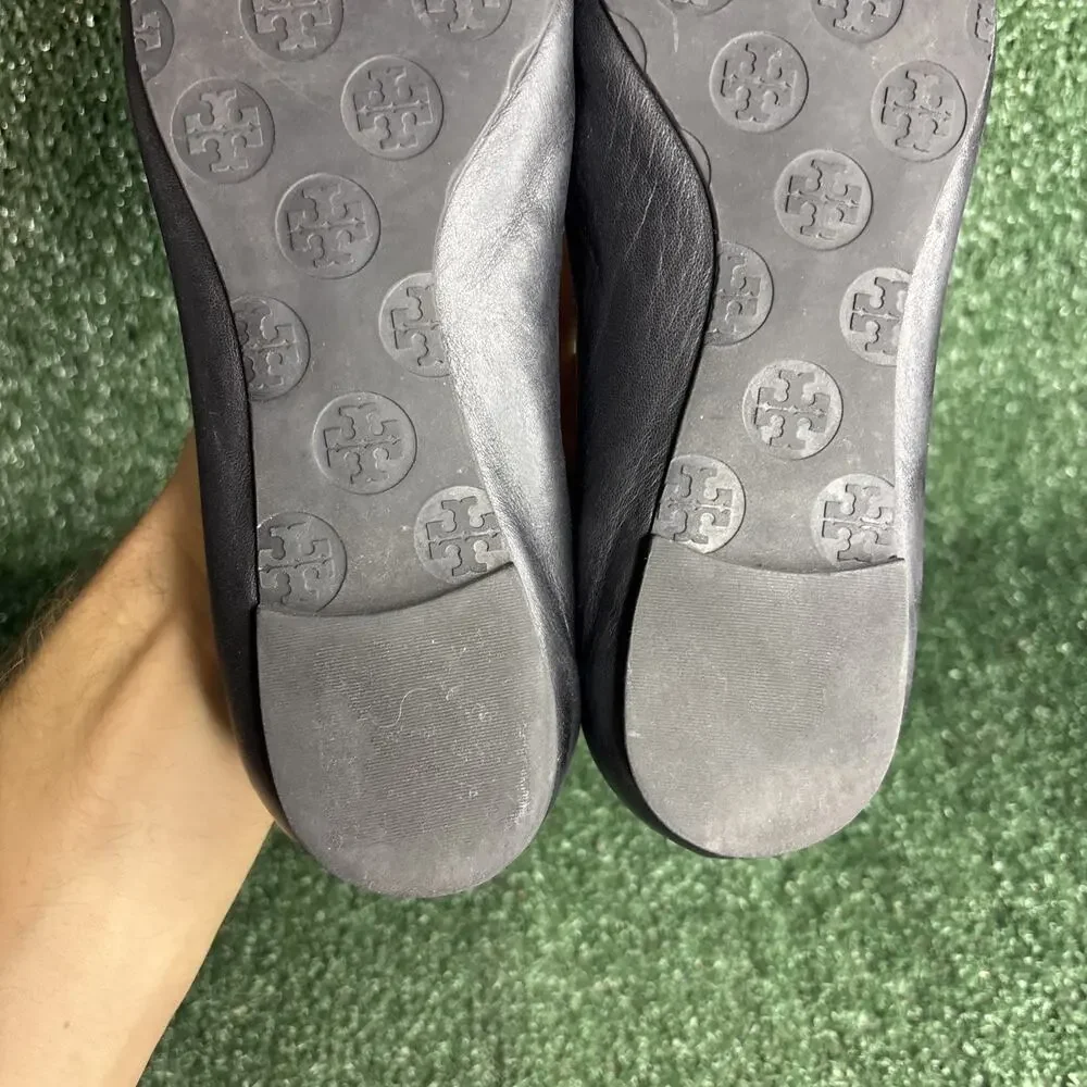 Tory Burch Women's 8 M Black Leather Ballet‎ Flats Round Toe Slip On Logo Accent